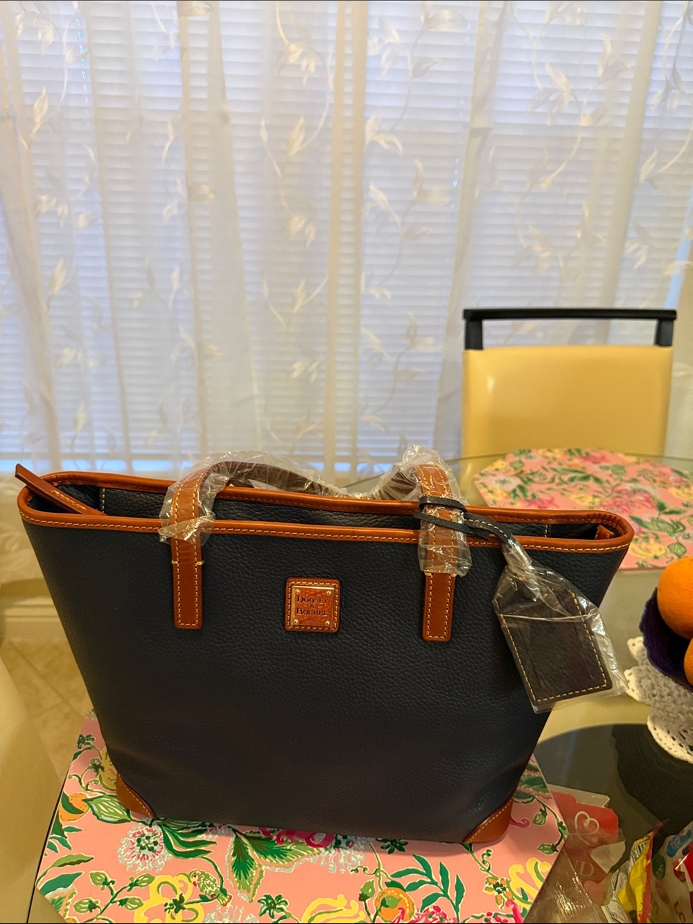 Dooney & Bourke Navy and Brown Pebbled Leather Tote